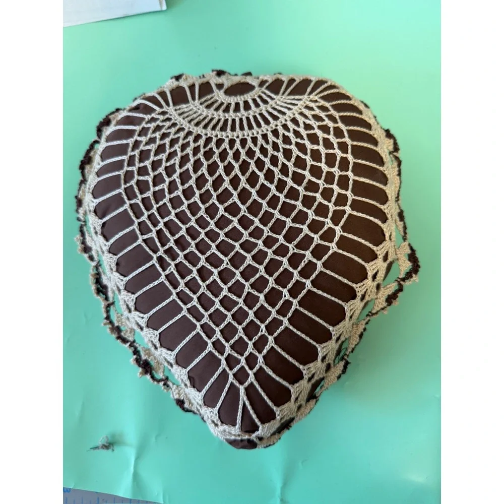 Vintage Crochet Heart Decorative Pillow Brown Cream Lace Doily Accent 8x9